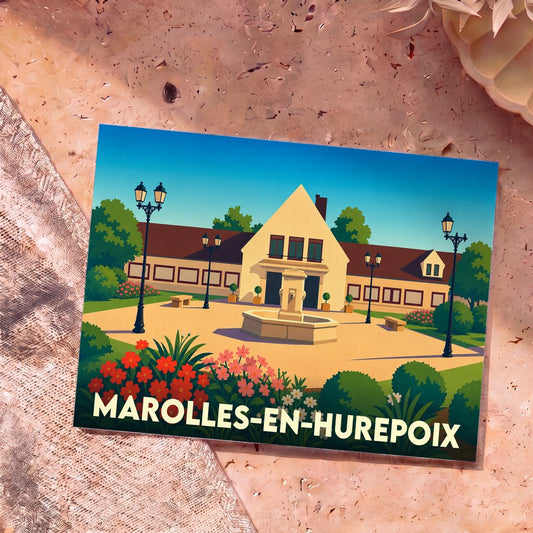 Carte postale souvenir de la ville de Marolles-en-Hurepoix avec une illustration stylisée d'une place arborée et de sa fontaine.