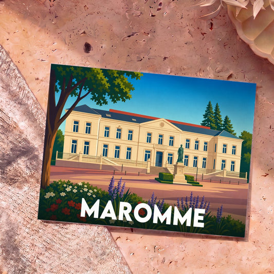 Carte postale souvenir de la ville de Maromme avec une illustration stylisée de son hôtel de ville.
