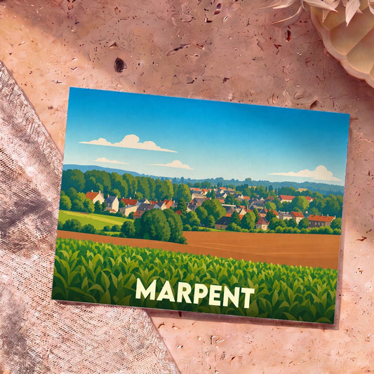 Carte postale souvenir de la ville de Marpent avec une illustration stylisée de son paysage rural et ses habitations.
