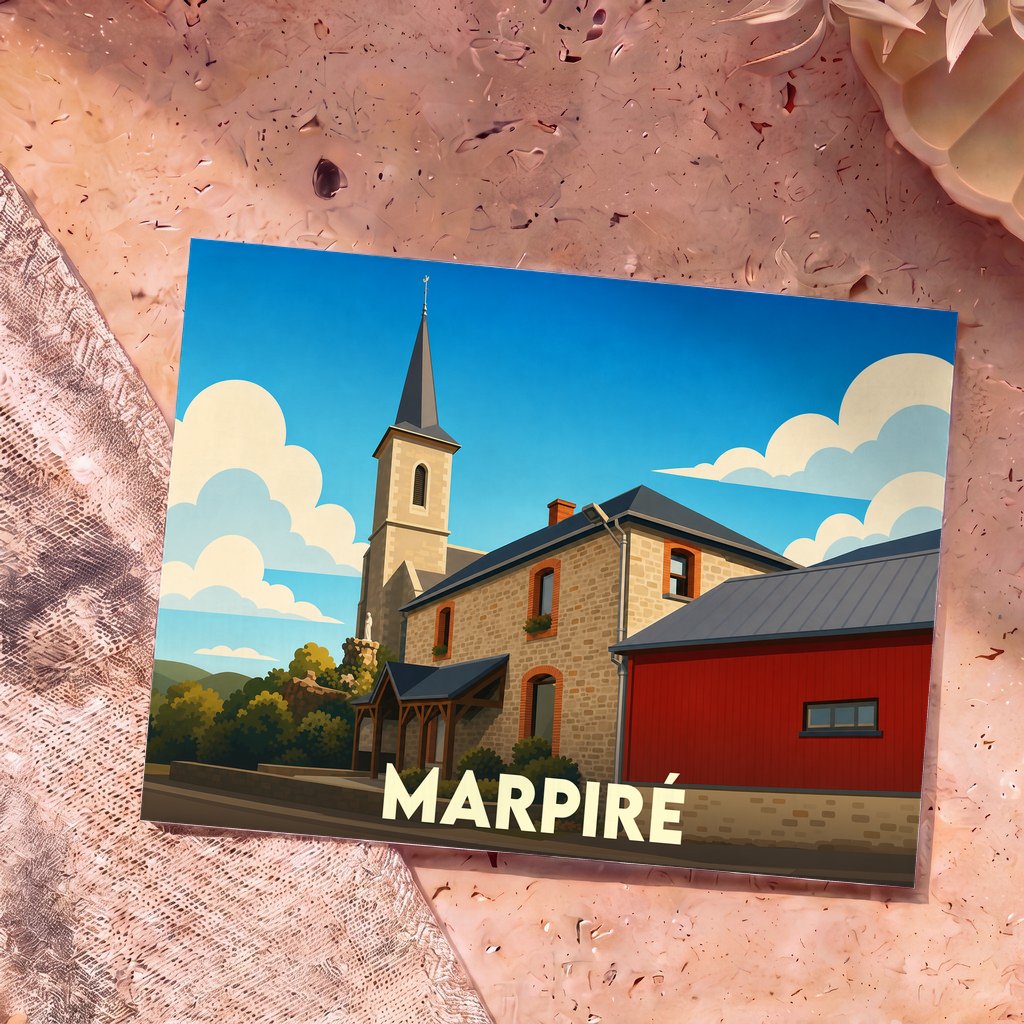 Carte postale souvenir de la ville de Marpiré avec une illustration stylisée de son église et de bâtiments traditionnels.