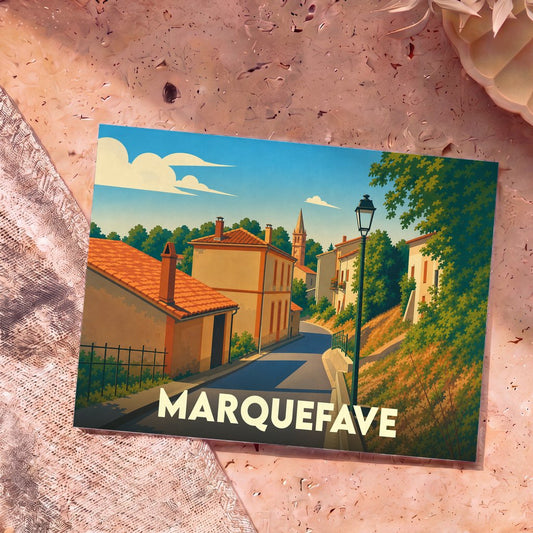 Carte postale souvenir de la ville de Marquefave avec une illustration stylisée de ses rues et de son clocher.