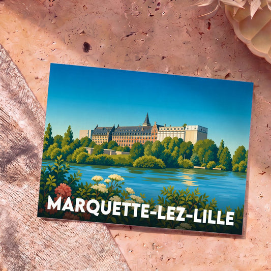Carte postale souvenir de la ville de Marquette-lez-Lille avec une illustration stylisée des bords de la Deûle et des Grands Moulins.