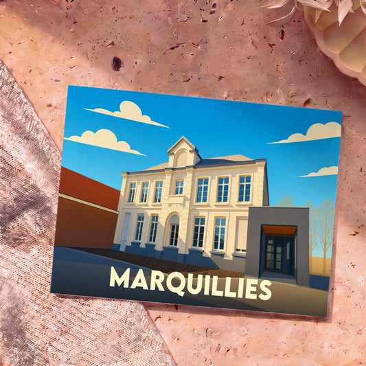 Carte postale souvenir de la ville de Marquillies avec une illustration stylisée de son architecture.