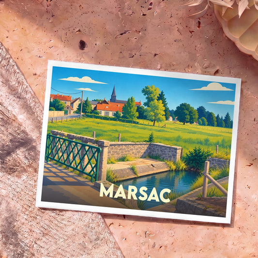 Carte postale souvenir de la ville de Marsac avec une illustration stylisée de son paysage rural.