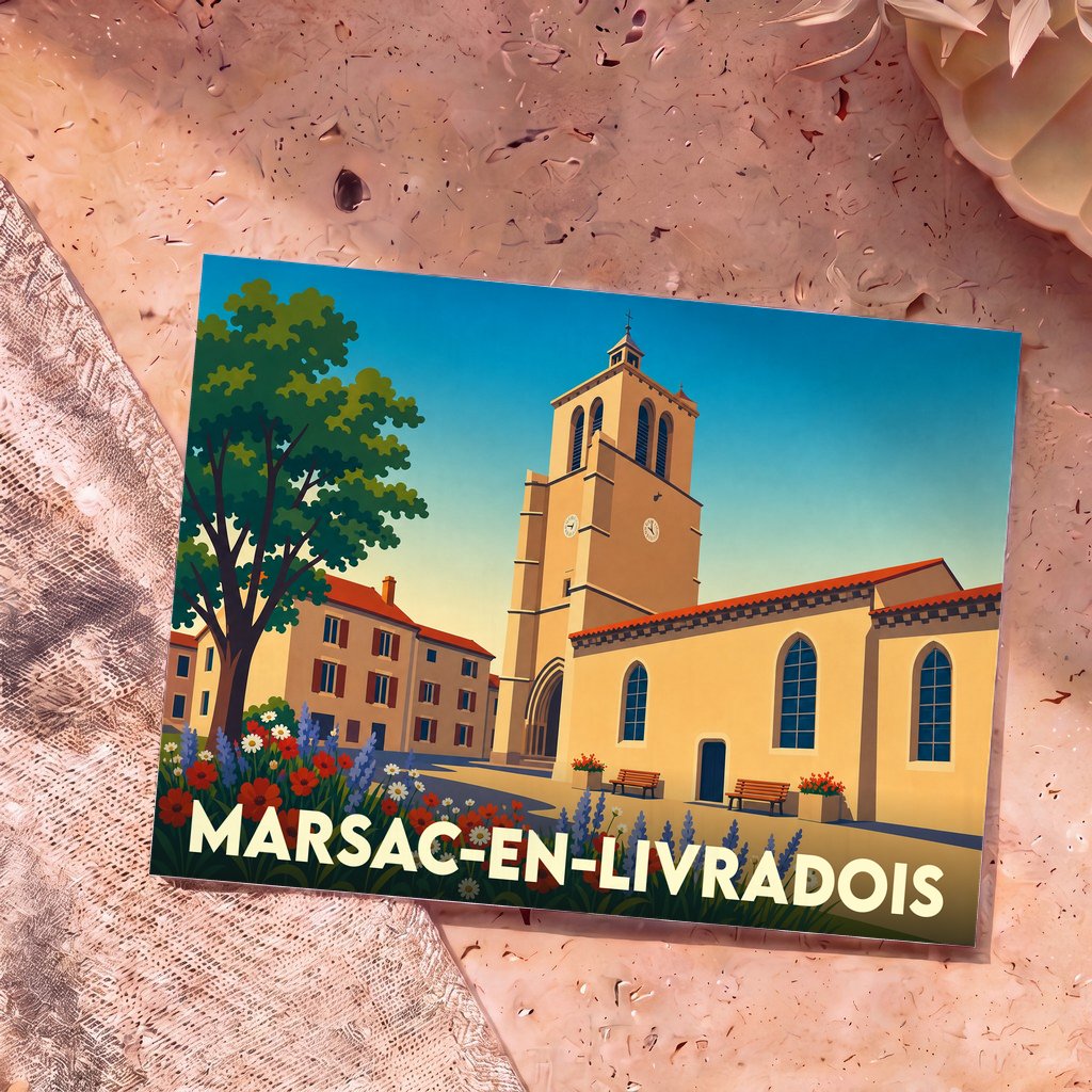 Carte postale souvenir de la ville de Marsac-en-Livradois illustrant son église et ses maisons dans un style rétro.