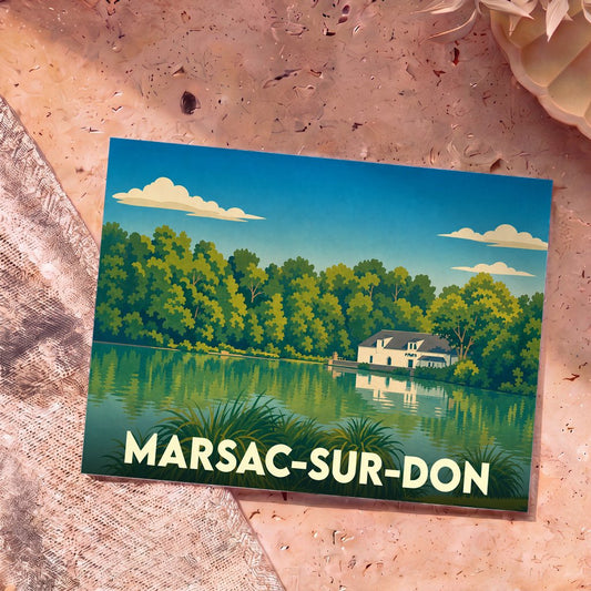 Carte postale souvenir de la ville de Marsac-sur-Don avec une illustration stylisée d'un paysage de bord de rivière.