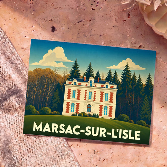 Carte postale souvenir de Marsac-sur-l'Isle illustrant une grande demeure bourgeoise entourée de pins.