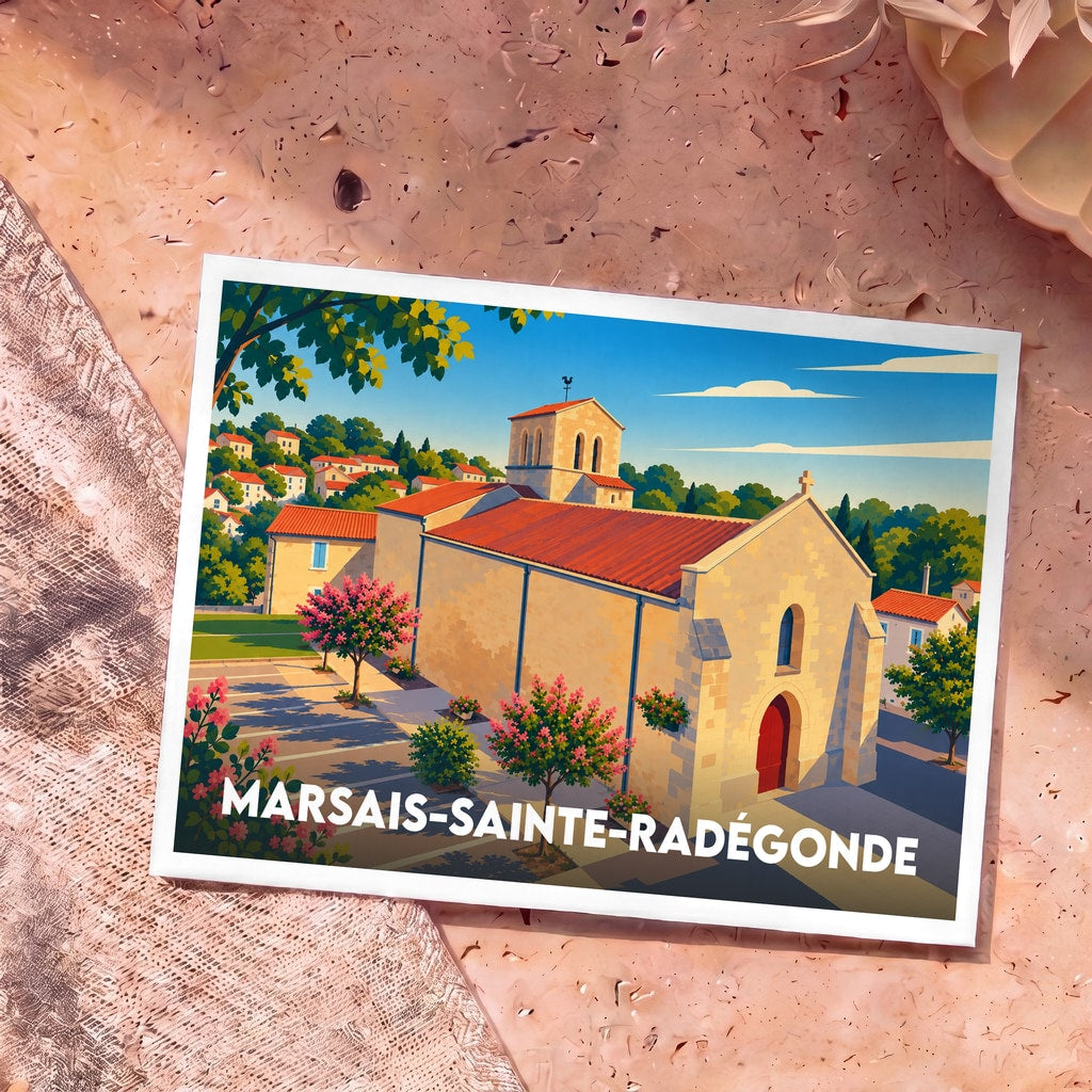 Carte postale souvenir de Marsais-Sainte-Radégonde illustrant son église dans un style graphique coloré.