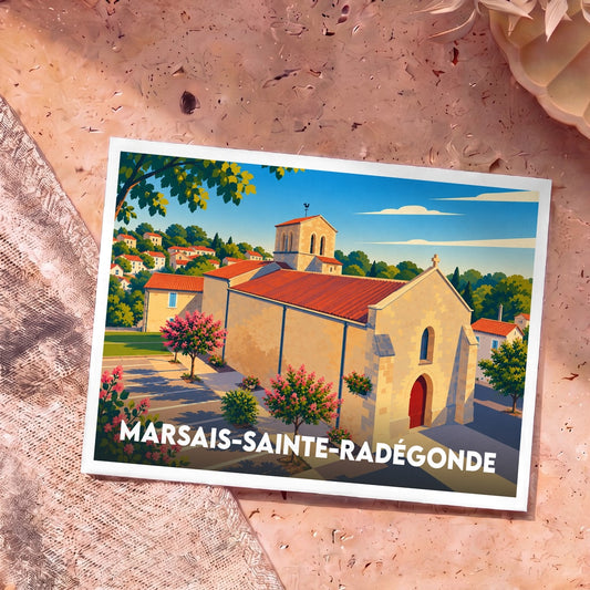 Carte postale souvenir de Marsais-Sainte-Radégonde illustrant son église dans un style graphique coloré.