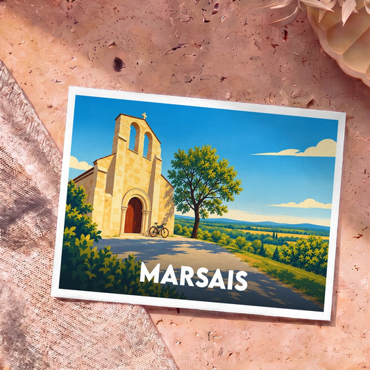 Carte postale souvenir de la ville de Marsais avec une illustration stylisée d'une église sous un ciel bleu.