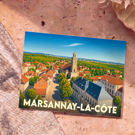Carte postale souvenir de Marsannay-la-Côte illustrée par un dessin stylisé du village et de ses vignobles.