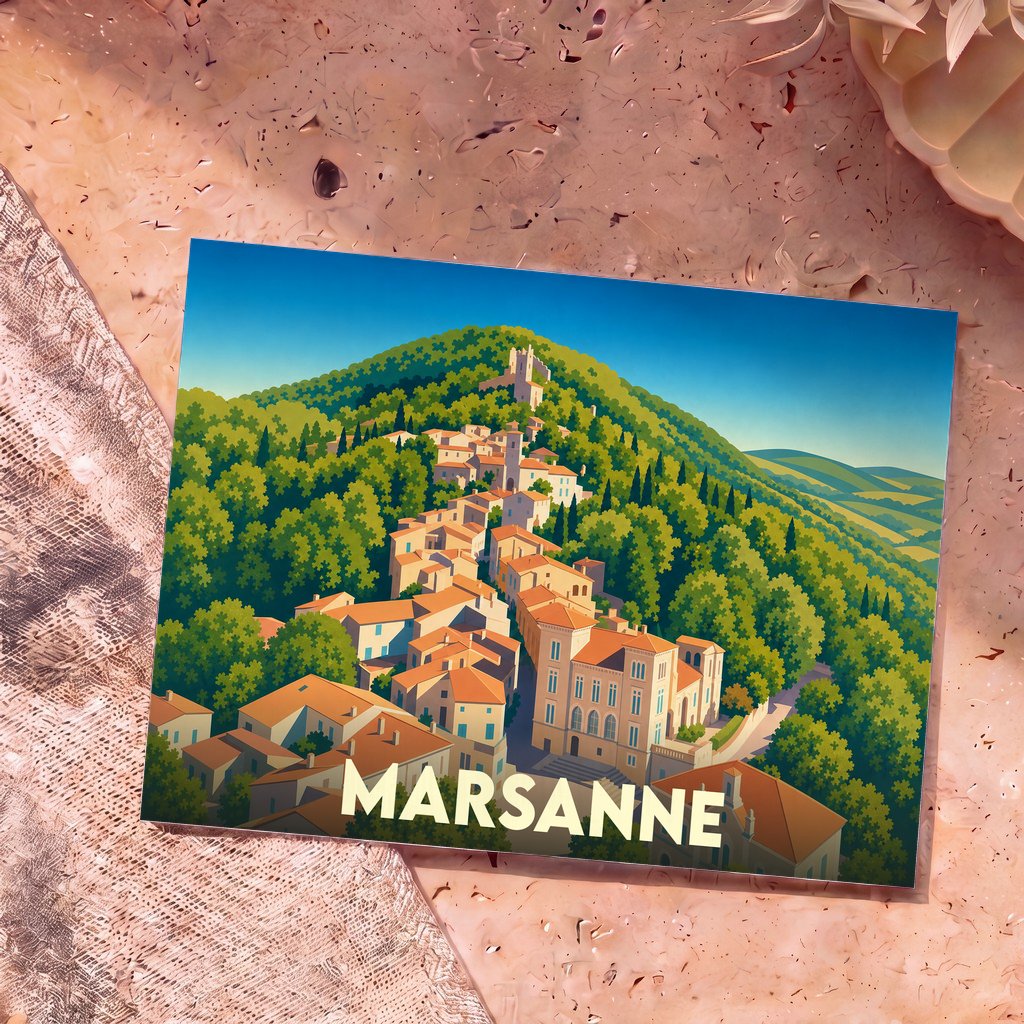 Carte postale souvenir de la ville de Marsanne avec une illustration stylisée d'un village perché.