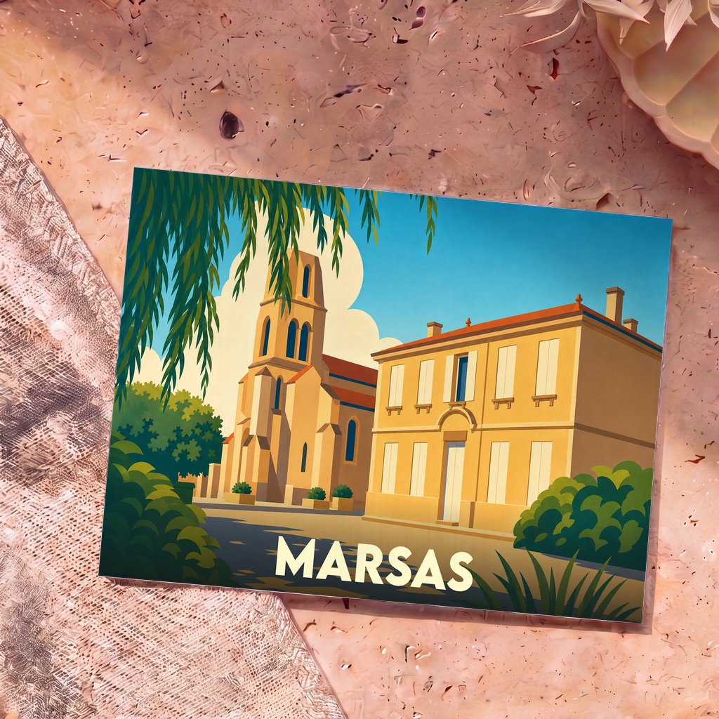 Carte postale souvenir de la ville de Marsas arborant une illustration stylisée d'une église et d'un bâtiment traditionnel.