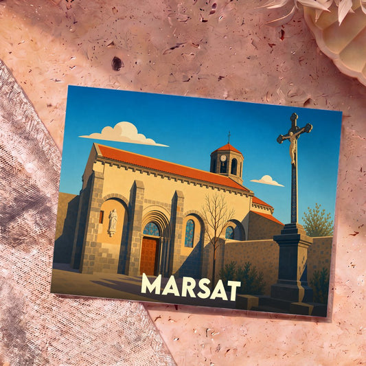 Carte postale souvenir de la ville de Marsat illustrant son église et un calvaire dans un style graphique épuré.