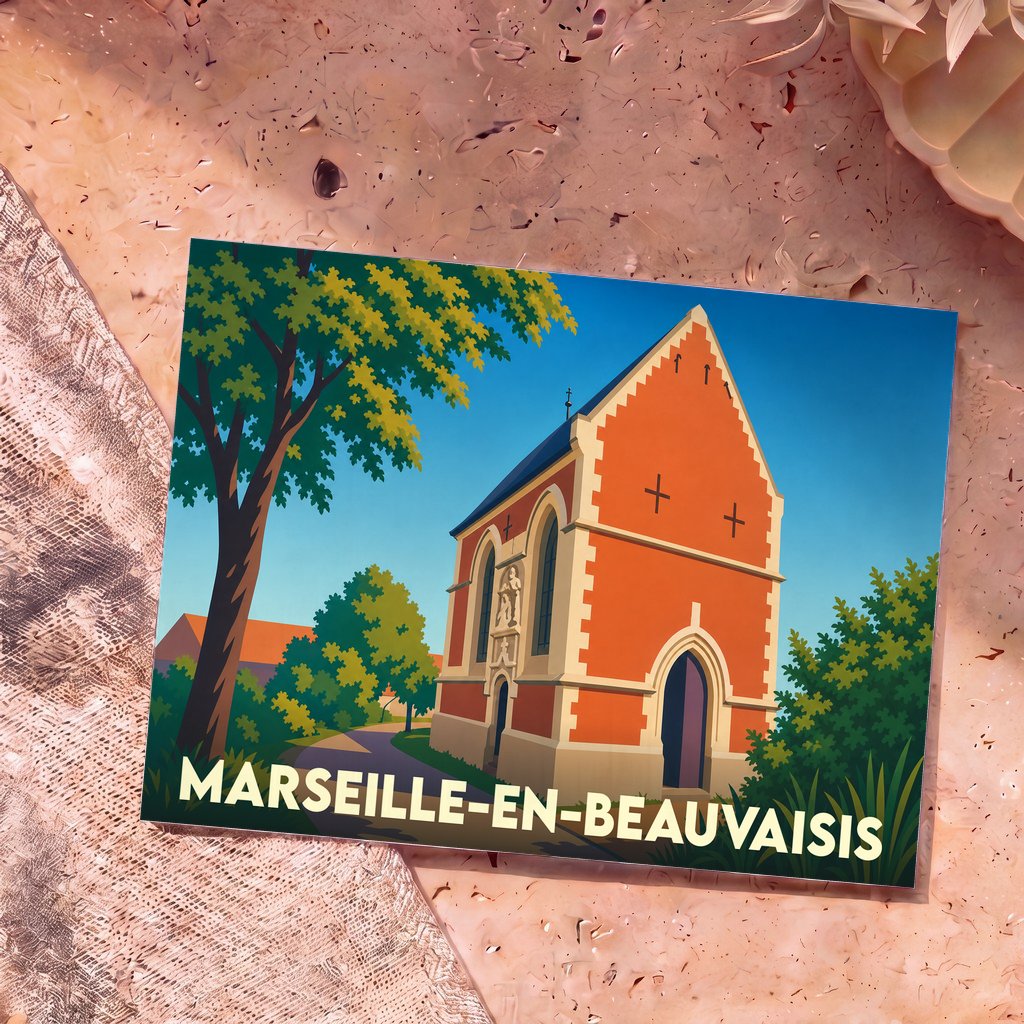Carte postale souvenir de Marseille-en-Beauvaisis avec une illustration stylisée d'une petite chapelle en briques.