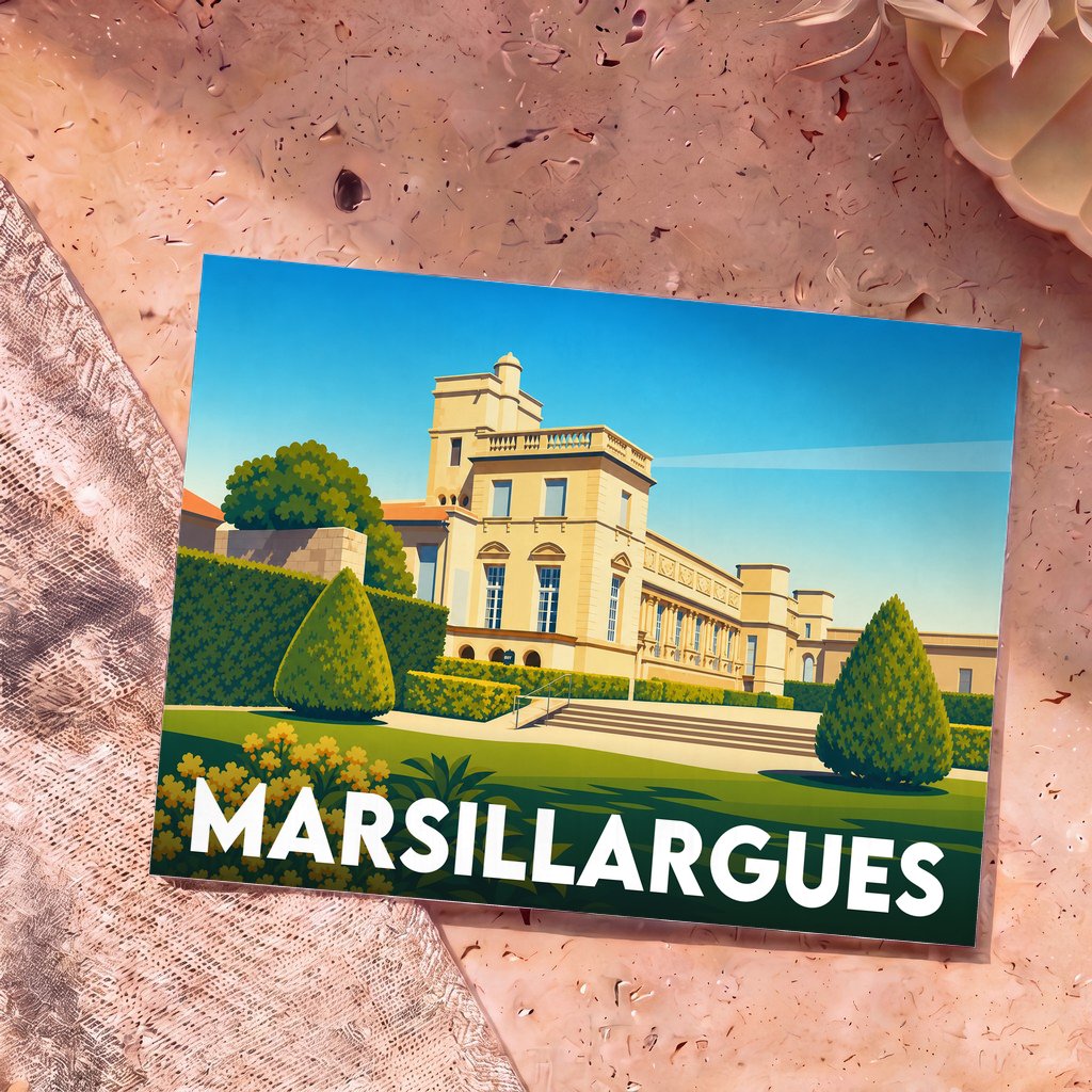 Carte postale souvenir de la ville de Marsillargues avec une illustration stylisée de son château et de ses jardins.