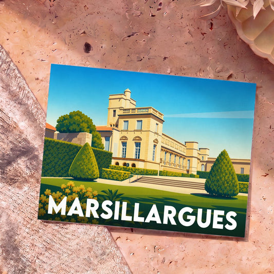 Carte postale souvenir de la ville de Marsillargues avec une illustration stylisée de son château et de ses jardins.