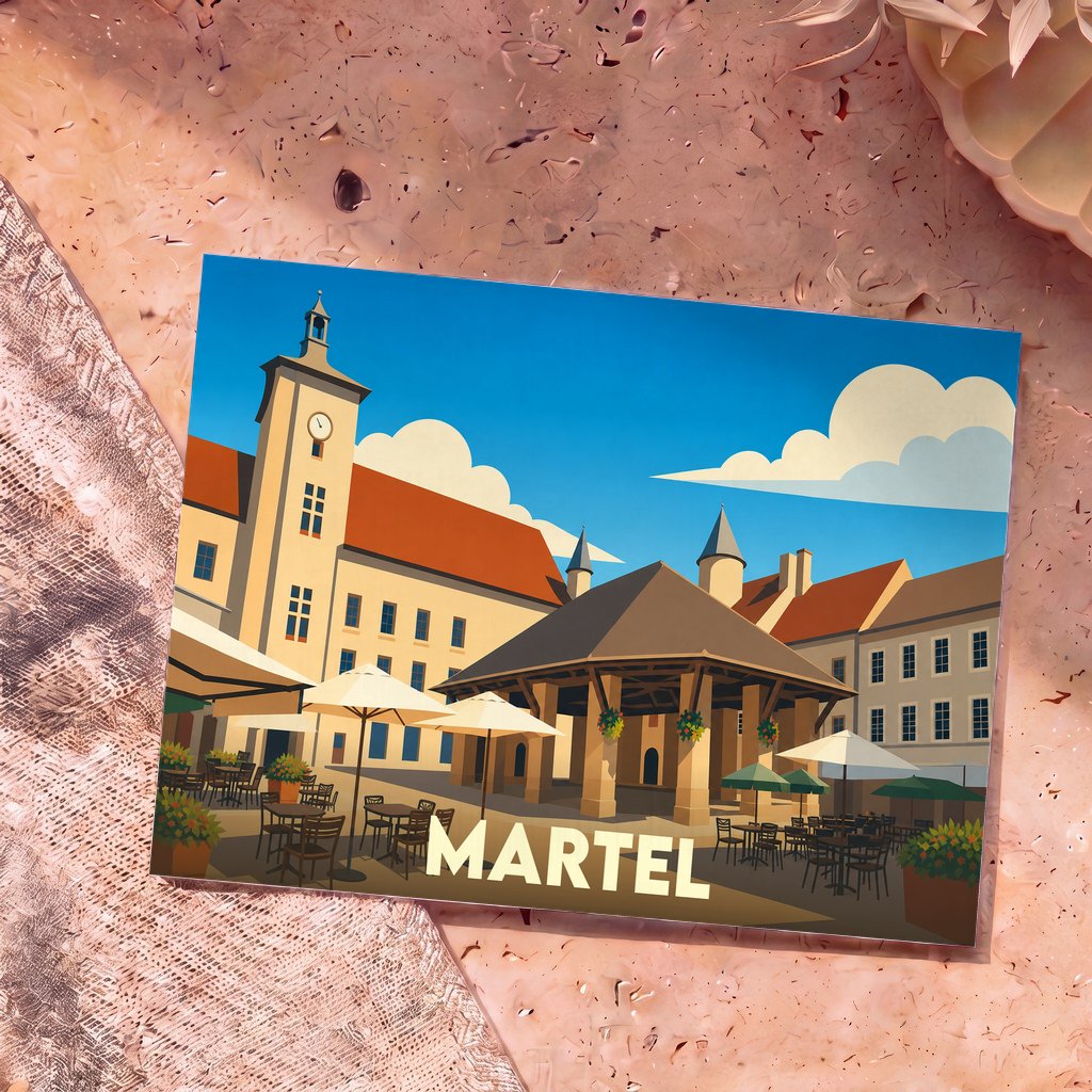 Carte postale souvenir de la ville de Martel avec une illustration stylisée de sa place principale et de sa halle.