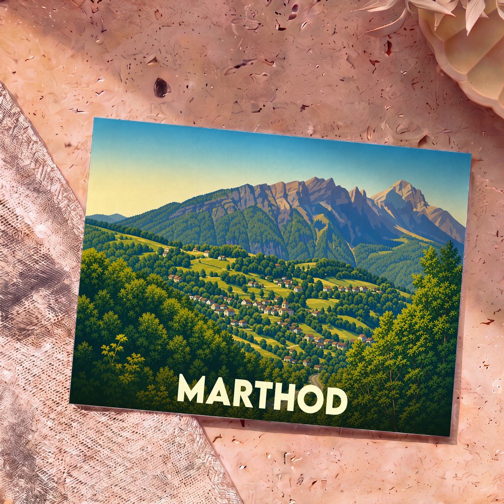 Carte postale souvenir de la ville de Marthod avec une illustration stylisée de son paysage montagneux.