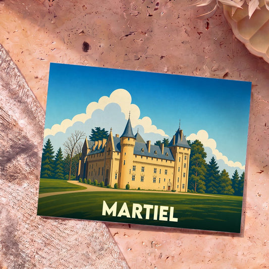 Carte postale souvenir de la ville de Martiel illustrée d'un château de style classique sous un ciel bleu.