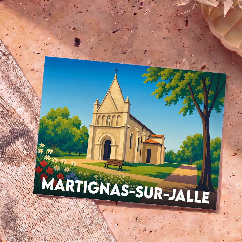 Carte postale souvenir de la ville de Martignas-sur-Jalle avec une illustration stylisée de son église.
