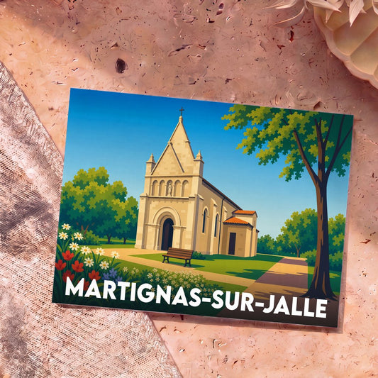 Carte postale souvenir de la ville de Martignas-sur-Jalle avec une illustration stylisée de son église.