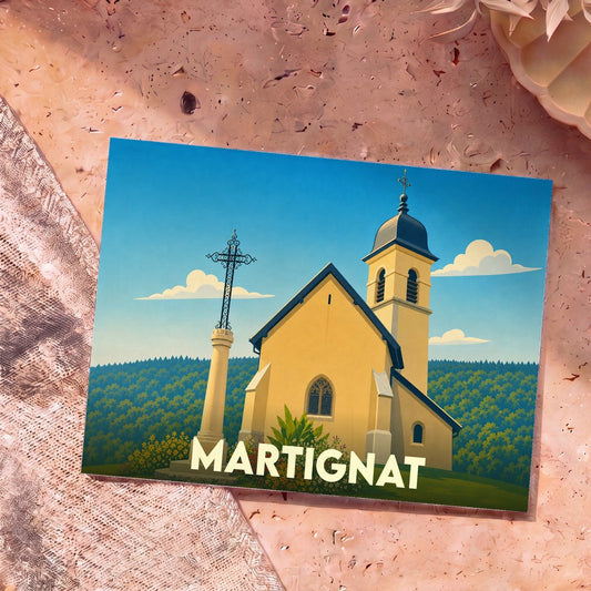 Carte postale souvenir de la ville de Martignat avec une illustration stylisée de son église et d'un calvaire.