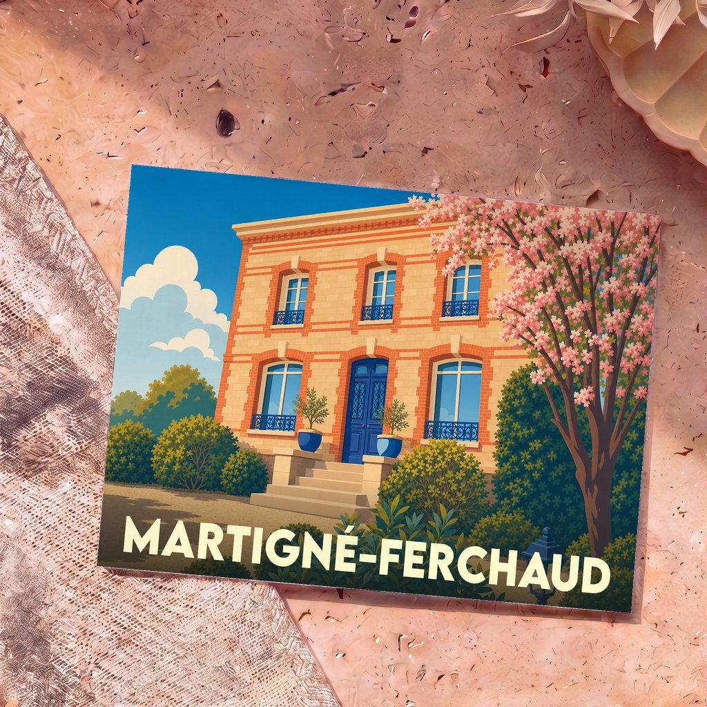 Carte postale souvenir de la ville de Martigné-Ferchaud avec une illustration stylisée d'une maison bourgeoise traditionnelle.