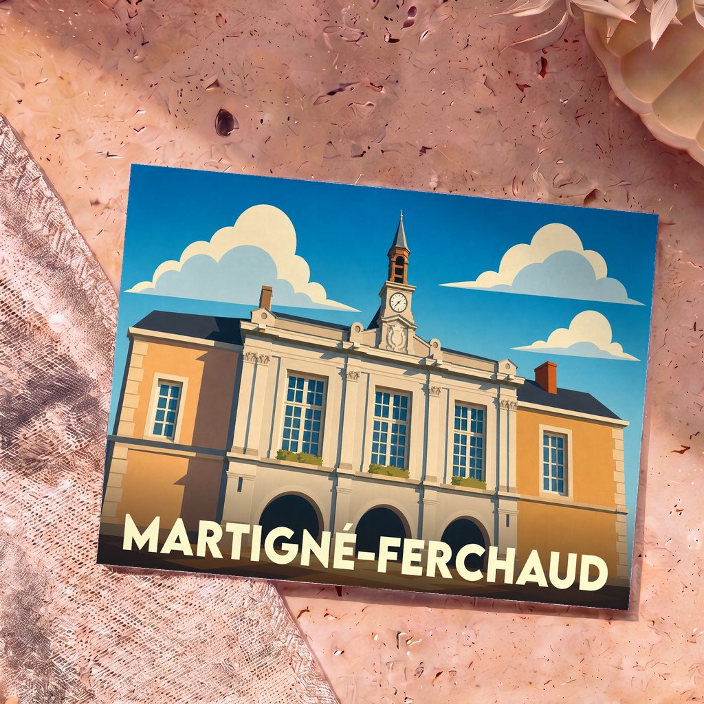 Carte postale souvenir de la ville de Martigné-Ferchaud avec une illustration stylisée de son hôtel de ville.