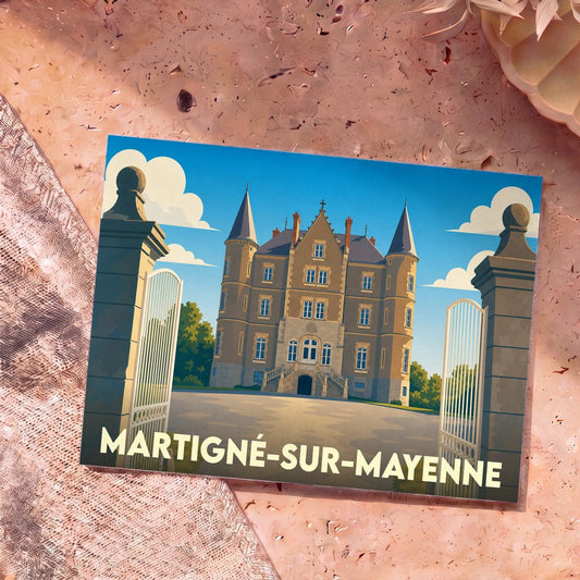 Carte postale souvenir de Martigné-sur-Mayenne illustrant un château stylisé derrière un portail ouvert.