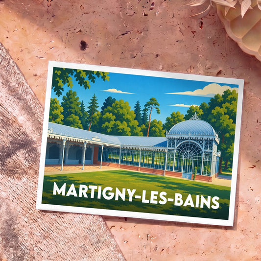 Carte postale souvenir de la ville de Martigny-les-Bains représentant son pavillon des sources dans un style illustré.