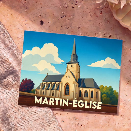 Carte postale souvenir de la ville de Martin-Église illustrant son église dans un style graphique épuré.