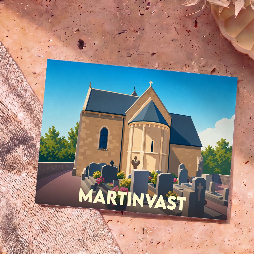Carte postale souvenir de la ville de Martinvast avec une illustration stylisée de son église et de son cimetière.
