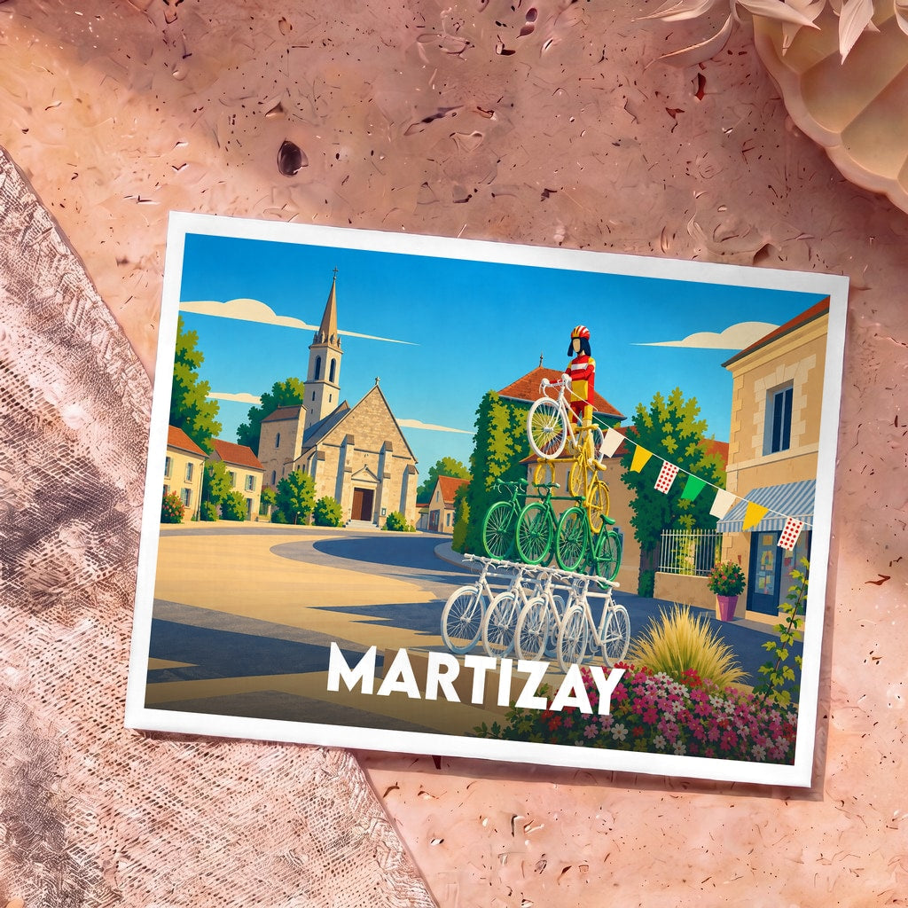 Carte postale souvenir de la ville de Martizay avec une illustration stylisée d'une sculpture de vélos devant une église.