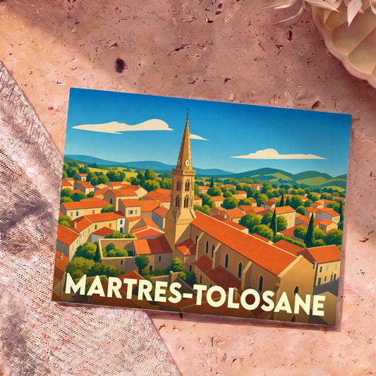 Carte postale souvenir de Martres-Tolosane avec une illustration stylisée de son église dominant les toits de la ville.