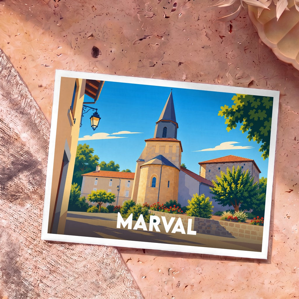 Carte postale souvenir de la ville de Marval avec une illustration stylisée de son église et de ses bâtiments ensoleillés.