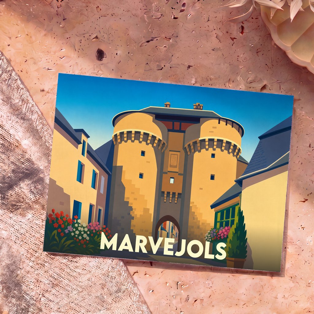 Carte postale souvenir de la ville de Marvejols illustrant l'une de ses portes médiévales dans un style graphique et coloré.