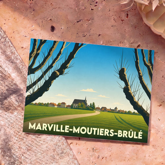 Carte postale souvenir de la ville de Marville-Moutiers-Brûlé avec une illustration stylisée d'un paysage rural.
