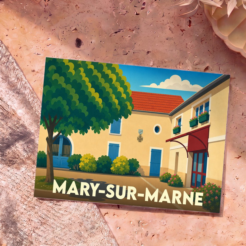 Carte postale souvenir de la ville de Mary-sur-Marne avec une illustration stylisée d'une place ensoleillée.