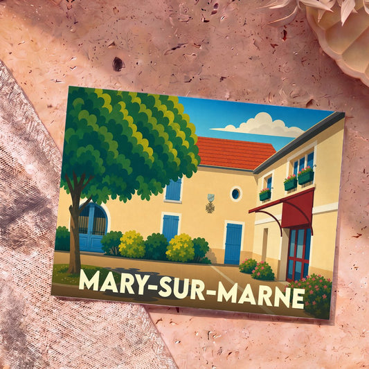 Carte postale souvenir de la ville de Mary-sur-Marne avec une illustration stylisée d'une place ensoleillée.