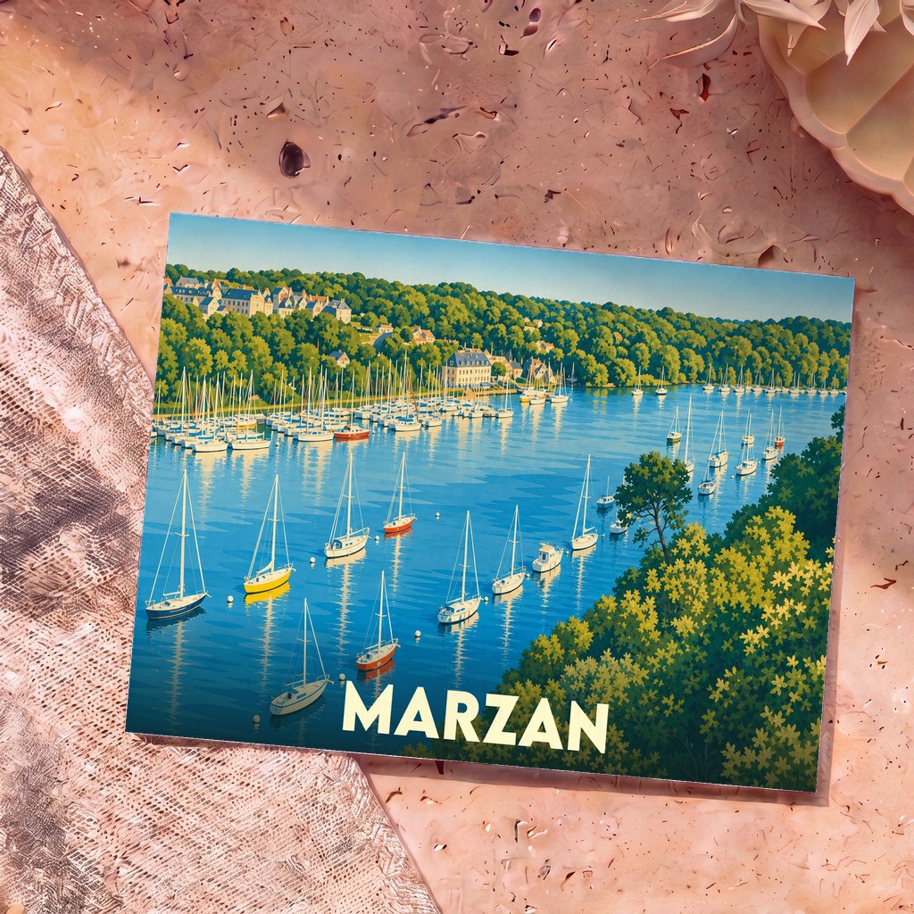 Carte postale souvenir de la ville de Marzan avec une illustration stylisée d'un port de plaisance.