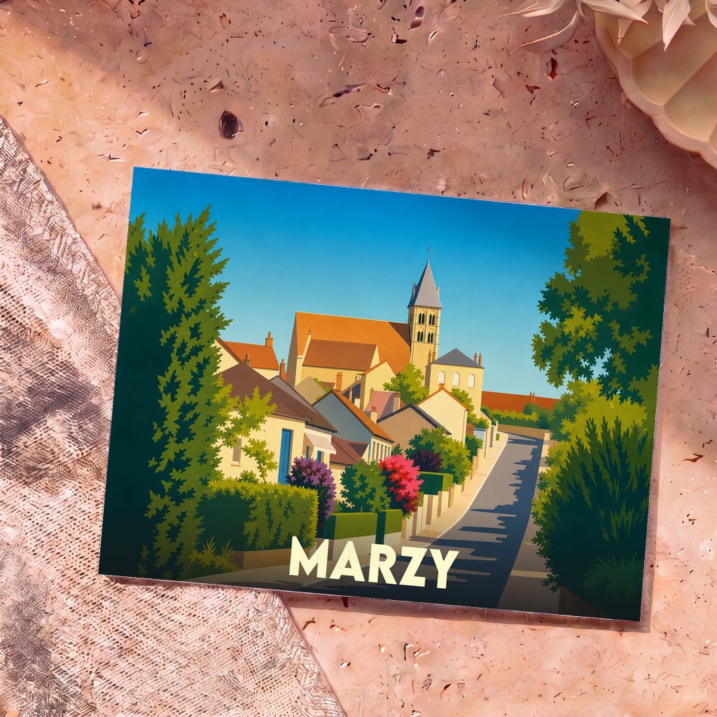 Carte postale souvenir de la ville de Marzy avec une illustration stylisée et colorée.