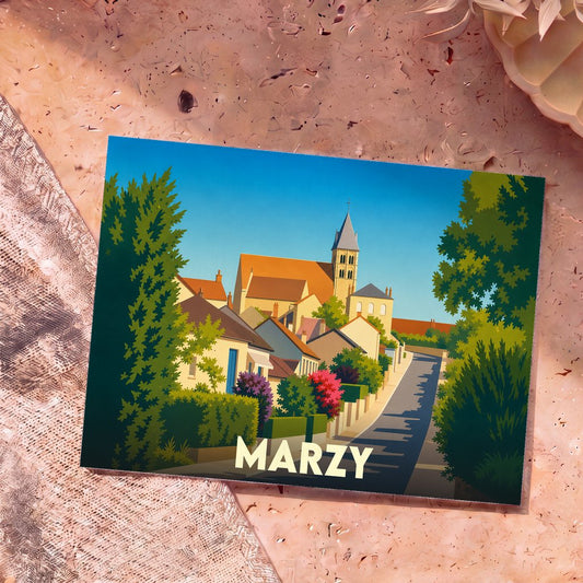Carte postale souvenir de la ville de Marzy avec une illustration stylisée de son église et de ses maisons fleuries.
