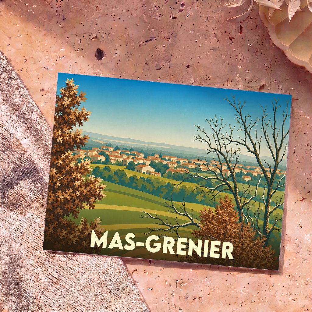 Carte postale souvenir de la ville de Mas-Grenier illustrée d'un paysage de campagne vallonné.