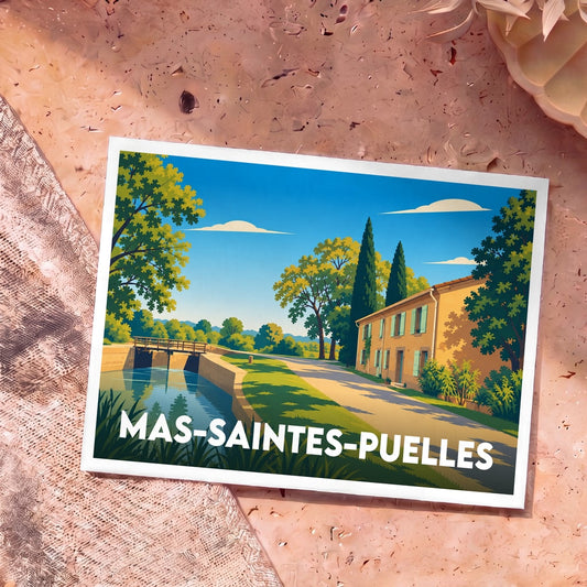 Carte postale souvenir de Mas-Saintes-Puelles avec une illustration stylisée du canal du Midi.