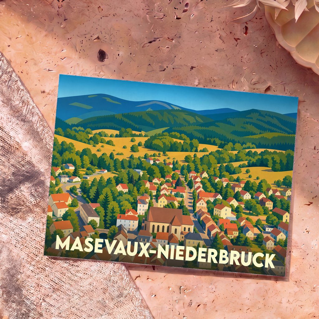 Carte postale souvenir de la ville de Masevaux-Niederbruck avec une illustration stylisée.