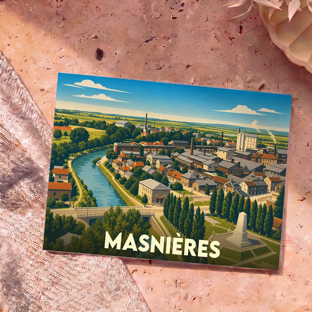 Carte postale souvenir de la ville de Masnières avec une illustration stylisée.