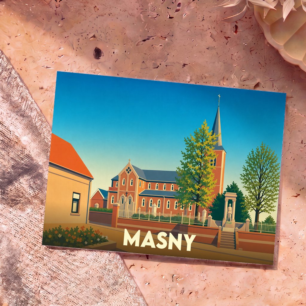 Carte postale souvenir de la ville de Masny avec une illustration stylisée d'une église et de ses environs.
