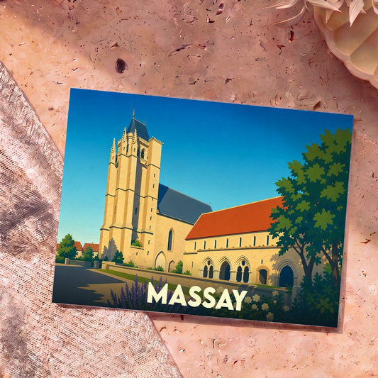 Carte postale souvenir de la ville de Massay arborant une illustration stylisée de son église abbatiale sous un ciel bleu.