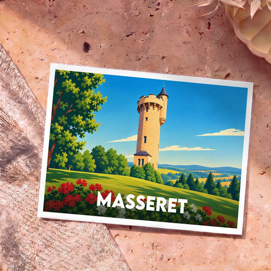 Carte postale souvenir de la ville de Masseret illustrant sa tour médiévale dans un style graphique épuré.